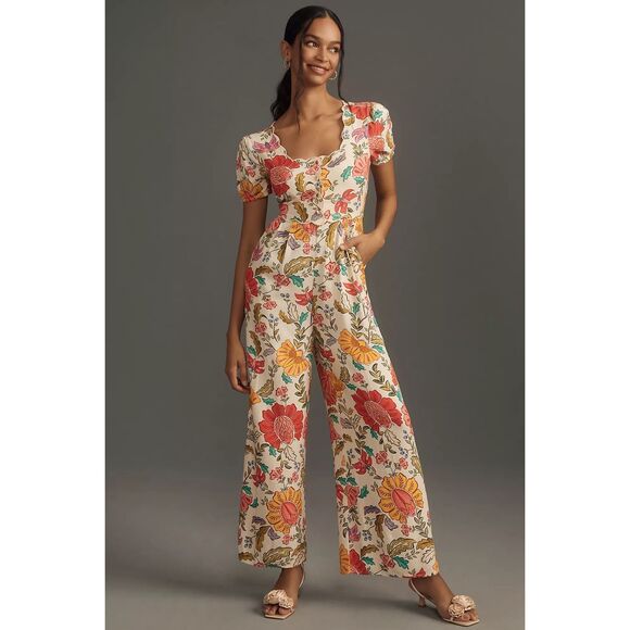 Farm Rio x Anthropologie Puff-Sleeve Floral Jumpsuit
